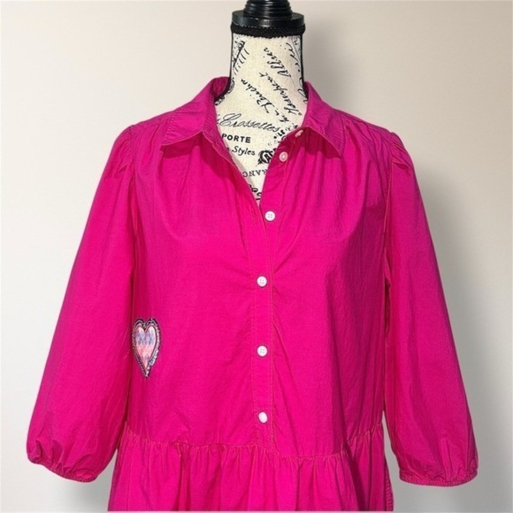 GAP Pink Eyelet Hem Cotton Shirt Mini Dress Sequin Heart Puff Sleeve Pockets - Picture 6 of 12